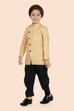 Gold Cotton Printed Indo Western Set with Long Sleeve Kurta & Pant style For Boys