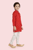 Red Bandhani Print Long Sleeve Kurta With Pyjama Pant For Boys