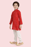 Red Bandhani Print Long Sleeve Kurta With Pyjama Pant For Boys