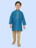 T.Blue Jacquard EmbroideryKurtaSet with Long Sleeve Kurta & Pant style Pyjama For Boys