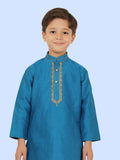 T.Blue Jacquard EmbroideryKurtaSet with Long Sleeve Kurta & Pant style Pyjama For Boys