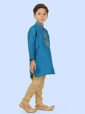 T.Blue Jacquard EmbroideryKurtaSet with Long Sleeve Kurta & Pant style Pyjama For Boys