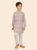 White Printed Kurta Set with Long Sleeve Kurta & Pant Style bottom For Boys