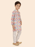 White Printed Kurta Set with Long Sleeve Kurta & Pant Style bottom For Boys