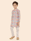 White Printed Kurta Set with Long Sleeve Kurta & Pant Style bottom For Boys